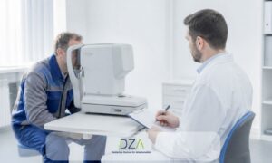 Arbeitsmediziner prüft bei einem Beschäftigten in Arbeitskleidung das Sehvermögen im Rahmen einer Eignungsbeurteilung