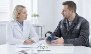 Betriebsärztin berät einen Beschäftigten mit Gehörschutz in der Hand zur arbeitsmedizinischen Pflichtvorsorge